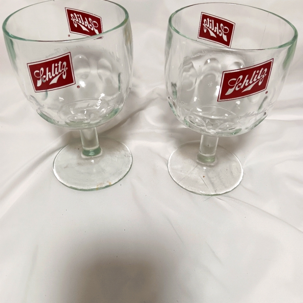 Schlitz Beer Glass Milwaukee Famous Thumbprint Stemmed Goblets Set Of 3 Vtg.